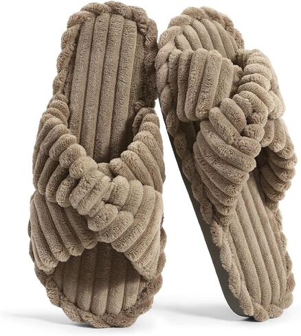Xelky Indoor Slippers for Women House Open Toe Slipper Comfortable Corduroy Cross Bands Bedroom Shoes Fuzzy in Saudi Arabia