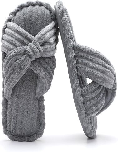 Cozyfurry Womens Slippers House Memory Foam Corduroy Flats Bow Crossbands Open Toe Slide Bedroom Slipper Comfy Trendy Gift Shoes in Saudi Arabia
