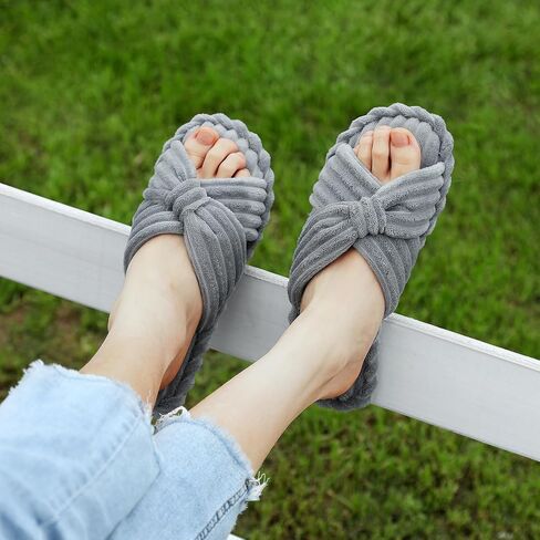 Cozyfurry Womens Slippers House Memory Foam Corduroy Flats Bow Crossbands Open Toe Slide Bedroom Slipper Comfy Trendy Gift Shoes in Saudi Arabia