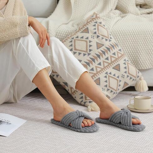 Cozyfurry Womens Slippers House Memory Foam Corduroy Flats Bow Crossbands Open Toe Slide Bedroom Slipper Comfy Trendy Gift Shoes in Saudi Arabia