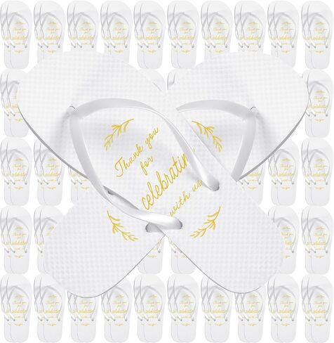 48 Pairs Gold Foil Stamped Flip Flops for Wedding Guests 4 Size Bulk Guest Slippers Wedding Flip Flops Wedding Sandals for Women Men Kids Beach Pool Party Reception Gifts, White in Kuwait
