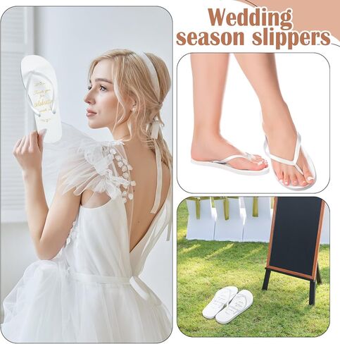 48 Pairs Gold Foil Stamped Flip Flops for Wedding Guests 4 Size Bulk Guest Slippers Wedding Flip Flops Wedding Sandals for Women Men Kids Beach Pool Party Reception Gifts, White in Kuwait