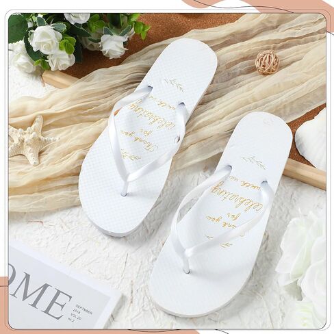 48 Pairs Gold Foil Stamped Flip Flops for Wedding Guests 4 Size Bulk Guest Slippers Wedding Flip Flops Wedding Sandals for Women Men Kids Beach Pool Party Reception Gifts, White in Kuwait