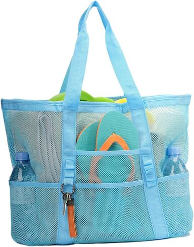 TOPASION Large Mesh Beach Tote Bag Lightweight Pool Bags for Sand Toys Family Travel Grocery Bags Reusable Shopping Bags in Saudi Arabia