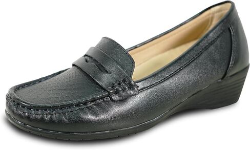 KOZI Women Comfort Casual Wedge Shoe Slip-On Loafer ML Collection Round Toe Penny Loafer Removable Insole Black Champagne in Saudi Arabia