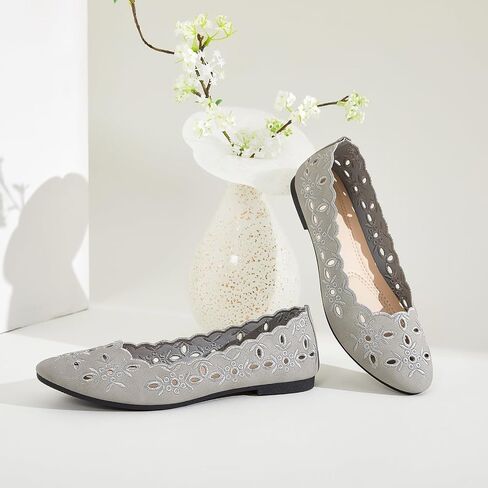 Shupua Womens Flats Ballet Flats for Women Comfortable Slip on Dress Shoes | Dressy Casual Loafers, Breathable, Summer, Round Toe, PU Leather, Floral Eyelets, Comfort, Close Toe, Ladies in Kuwait