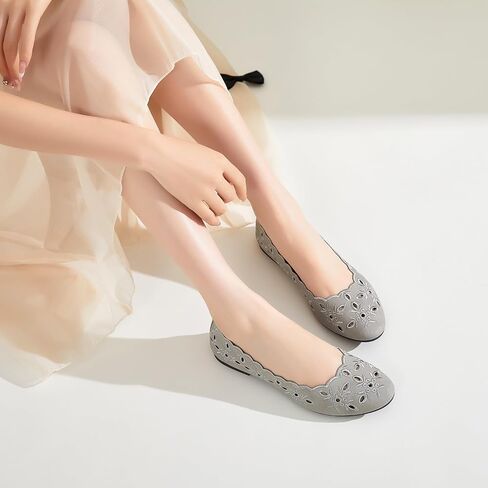 Shupua Womens Flats Ballet Flats for Women Comfortable Slip on Dress Shoes | Dressy Casual Loafers, Breathable, Summer, Round Toe, PU Leather, Floral Eyelets, Comfort, Close Toe, Ladies in Kuwait
