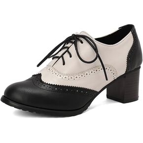 Womens Vintage Oxfords Shoes Chunky High Heels Lace Up Wingtip Two Tone Perforated Saddle Pumps Shoes