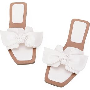 LAICIGO Women's Square Open Toe Slide Sandals Bowknot Slip-on Backless Faux Suede Summer Flats Sandals
