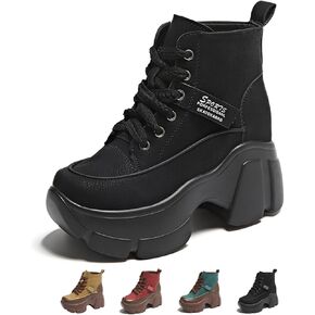 Women's Platform Heighten Leather Ankle Boots Retro British Style Velvet Lining Round-Toe Lace Up Casual Booties Fashion Lightweight Comfortable Mid Calf Thick Sole Combat Boot