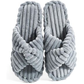 Cosy Pyro Slippers for Women House Bedroom Furry Cross bands Slide Shoes Anti-Skid Sole Open Toe Slippers Grey 40-41
