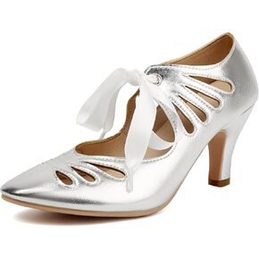Elerhythm Women's Mary Jane Lace Up Teardrop Cut Out Close Round Toe Vintage 1950s Gatsby Heels Retro 1920s Victorian Pumps Shoes