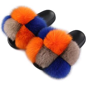 Women's Real Fox Furry Fur Slides, Open-Toe Cute Fur Sandals, Indoor and Outdoor Non-Slip Fur Slippers, Real Fox Fur Soft Pompom Slippers