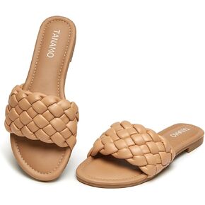 Womens Sandals Fashion Comfortable Flats Sandals Slides Round Open Toe Causal Beach 2024 Summer Dressy Black White Brown Tan Size 6-11