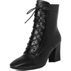 Women Square Toe Ankle Boots Lace Up Chunky Heeled Booties Combat Block Heel Winter Boots
