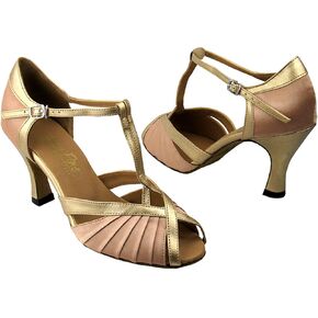مجموعة أحذية الرقص اللاتينية Salsa Ballroom Tango للسيدات من Very Fine طراز 2707 مع واقيات كعب أحذية الرقص البلاستيكية، ساتان بني فاتح 7 M كعب أمريكي 2.5 بوصة in Kuwait