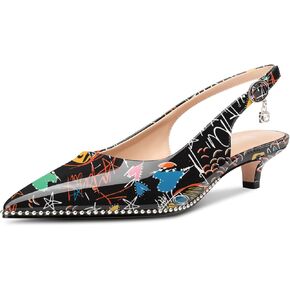 Womens Low Kitten Heel Close Pointed Toe Pumps Slingback Silver Beaded Buckle Prom Party Dress Patent Leather 1.4 Inches Heels