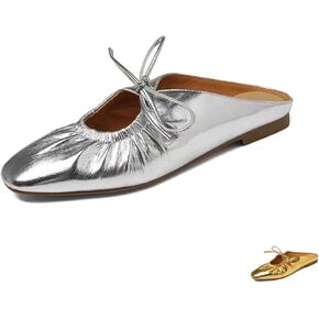 Slingback Flat Mary Jane Shoes for Women's with Memory Foam Padding Sliver Closed Round Toe Lace Up Slip-On Open Back Fashion Dress Mules Comfort Casual Dressy Date Office Work Shoes