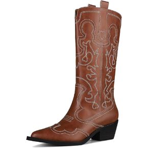 mikarka Women's Embroidered Two-Tone Cowboy Boots Western Cowgirl Boots Fashion Snip Toe Chunky Heel Pull On Circus Mid Calf Boots
