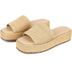 Womens Platform Sandals Wedge Sandals Slip On Espadrilles Open Toe Woven Beach Sandals Raffia Sandals