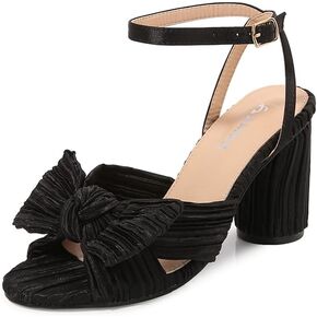 Amoji Women's Satin Block Heeled 3 Inch-4 Inch Sandal Bowknot Pleated Ankle Strap for Wedding Party Dress Shoes 302