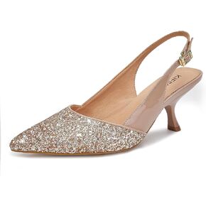 Slingback Kitten Heels for Women Closed Pointed Toe Low Heel Pumps Glitter Sparkly Rhinestone Heels