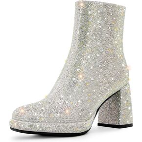 Rhinestone Boots For Women Chunky Block Heeled Sparkly Platform Ankle Booties Glitter Shoes Wedding Bride
