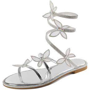 Zamikoo Flat Sandals for Women Rhinestone Wrap Around Open Toe Slip On Cute Flat Sandals for Summer Sparkly Slides Sandals
