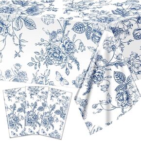 Wiooffen 3Pcs Blue Floral Plastic Tablecloth Vintage Rectangle Table Cover Blue White Porcelain Table Cloth Disposable Spring Flower Table Decor for Wedding Birthday Farmhouse Picnic Dinning108 x 54in