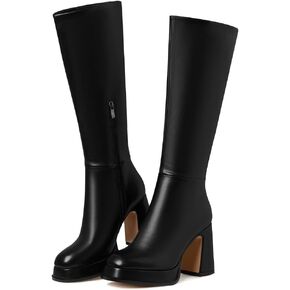Platform Knee High Round Toe Fashion Fall Goth Tall Long Boots with Zipper Combat Wide Calf Dress Party Club Shoes Motorcycle