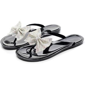Womens Shiny Rhinestone Bowknot Flat Flip-flops Colorful Jewelry Rhinestones Sequins Sandals Summer Beach Jelly Clip Toe Slippers Shoes