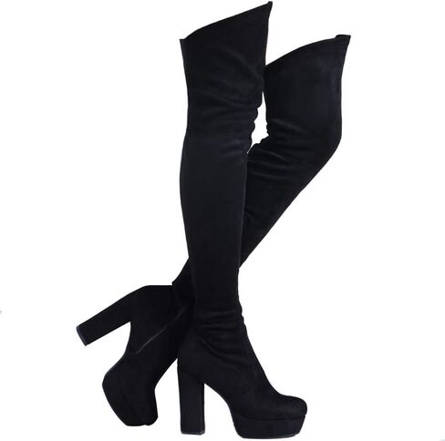 Shoe'N Tale Stretch Suede Thigh High Boots Chunky Heel Over The Knee(8.5,Black) in Saudi Arabia