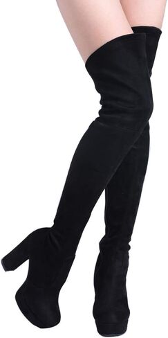 Shoe'N Tale Stretch Suede Thigh High Boots Chunky Heel Over The Knee(7,Black) in Saudi Arabia