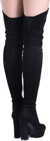 Shoe'N Tale Stretch Suede Thigh High Boots Chunky Heel Over The Knee(7,Black) in Saudi Arabia