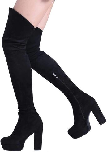 Shoe'N Tale Stretch Suede Thigh High Boots Chunky Heel Over The Knee(7,Black) in Saudi Arabia