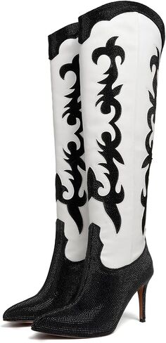 Knee High Cowgirl Cowboy Boots for Women Boots Rhinestone Bling Western Pointed Toe Stiletto Heel Pull On Fashion Shoes Tall Black Boot in Saudi Arabia
