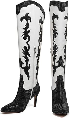 Knee High Cowgirl Cowboy Boots for Women Boots Rhinestone Bling Western Pointed Toe Stiletto Heel Pull On Fashion Shoes Tall Black Boot in Saudi Arabia