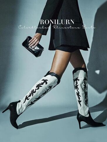 Knee High Cowgirl Cowboy Boots for Women Boots Rhinestone Bling Western Pointed Toe Stiletto Heel Pull On Fashion Shoes Tall Black Boot in Saudi Arabia