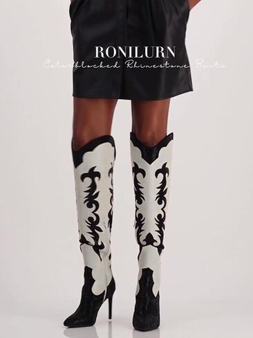 Knee High Cowgirl Cowboy Boots for Women Boots Rhinestone Bling Western Pointed Toe Stiletto Heel Pull On Fashion Shoes Tall Black Boot in Saudi Arabia