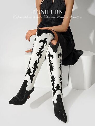 Knee High Cowgirl Cowboy Boots for Women Boots Rhinestone Bling Western Pointed Toe Stiletto Heel Pull On Fashion Shoes Tall Black Boot in Saudi Arabia