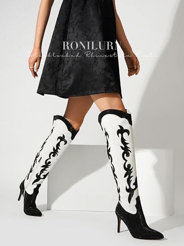 Knee High Cowgirl Cowboy Boots for Women Boots Rhinestone Bling Western Pointed Toe Stiletto Heel Pull On Fashion Shoes Tall Black Boot in Saudi Arabia