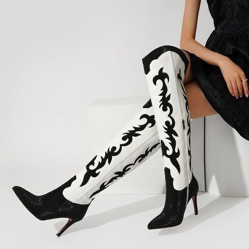 Knee High Cowgirl Cowboy Boots for Women Boots Rhinestone Bling Western Pointed Toe Stiletto Heel Pull On Fashion Shoes Tall Black Boot in Saudi Arabia