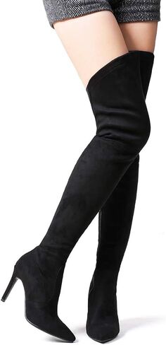 Shoe'N Tale Stretch Suede Thigh High Boots Chunky Heel Over The Knee(7.5,Black) in Saudi Arabia