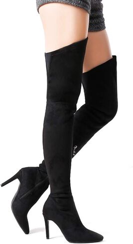 Shoe'N Tale Stretch Suede Thigh High Boots Chunky Heel Over The Knee(7.5,Black) in Saudi Arabia
