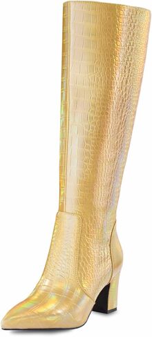 Faux Crocodile Leather Women's Knee High Boots 3.2 Inches Wide Calf Block Heel Pointed Toe with Side Zipper Tall Fall Boots Sparkly Metallic Boots in Saudi Arabia