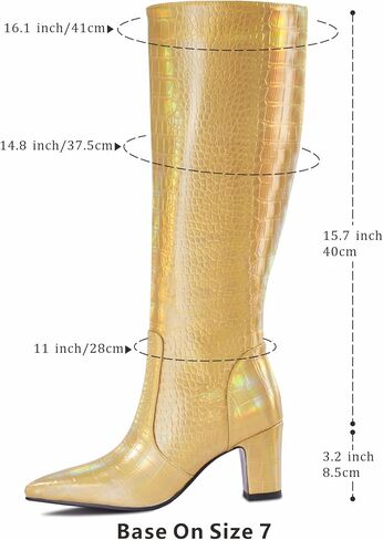 Faux Crocodile Leather Women's Knee High Boots 3.2 Inches Wide Calf Block Heel Pointed Toe with Side Zipper Tall Fall Boots Sparkly Metallic Boots in Saudi Arabia
