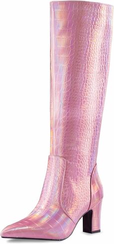 Faux Crocodile Leather Women's Knee High Boots 3.2 Inches Wide Calf Block Heel Pointed Toe with Side Zipper Tall Fall Boots Sparkly Metallic Boots in Saudi Arabia