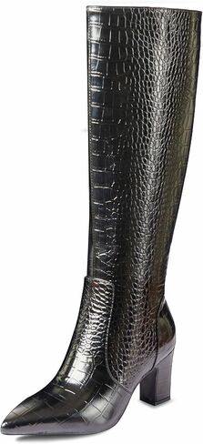 حذاء نسائي طويل للركبة من جلد التمساح الصناعي مقاس 3.2 بوصة وكعب عريض من ربلة الساق ومقدمة مدببة مع سحاب جانبي حذاء طويل للخريف لامع in Kuwait