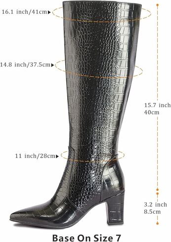حذاء نسائي طويل للركبة من جلد التمساح الصناعي مقاس 3.2 بوصة وكعب عريض من ربلة الساق ومقدمة مدببة مع سحاب جانبي حذاء طويل للخريف لامع in Kuwait