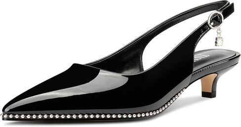 Womens Low Kitten Heel Close Pointed Toe Pumps Slingback Silver Beaded Buckle Prom Party Dress Patent Leather 1.4 Inches Heels in Saudi Arabia